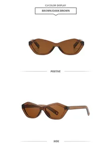Detailed view of fashionable geometric cat-eye sunglasses in dark brown, retro style.
