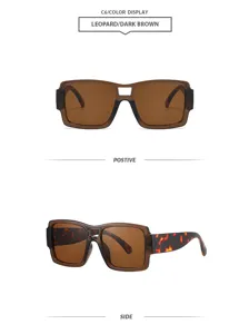 Lunettes de soleil carrées marron léopard avec double pont, style rétro UV solaire pour femme.