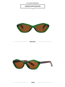 Trendy geometric small frame sunglasses for women, chic green frame with dark brown lenses.