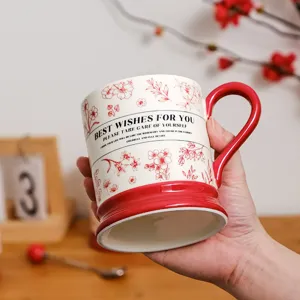Retro ceramic coffee mug with red handle floral pattern elegant home office drinkware