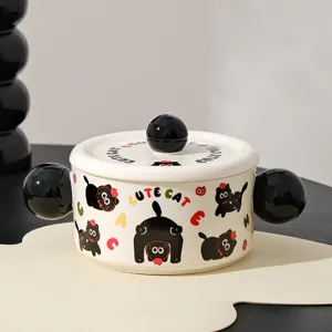 Ceramic cute cat detail shot showing double ears and lid knob of the creative noodle bowl.