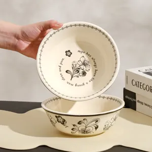 Vintage keramische rijstkom set met retro bloemenprint en engelse quote voor thuiskeuken.