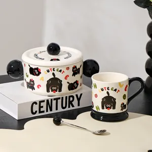 Cute black cat ceramic soup bowl set with lid and mug, perfect for home kitchen use.