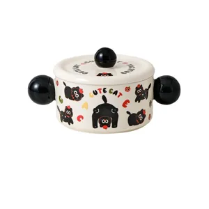 Cute ceramic double ear noodle bowl with lid, lovely black cat pattern, ideal for home kitchen.