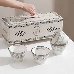 Ceramic rice bowl set with gift box, elegant floral pattern tableware for home kitchen.