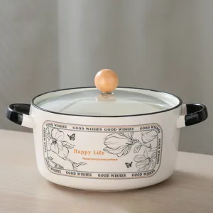 Ceramic soup bowl with glass lid and wooden knob, featuring elegant floral print details.