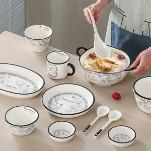 Ceramic tableware set luxury white dinnerware bowls plates spoons for home kitchen use