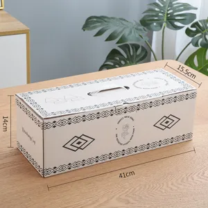 Detailed view of the rectangular cardboard packaging box with handle and geometric patterns.