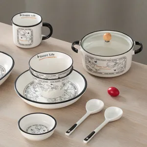 Elegant ceramic tableware set including mugs, bowls, plates, and soup pot for home kitchen.