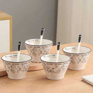 Ceramic bowl and spoon set, elegant floral print kitchen tableware for home daily use.