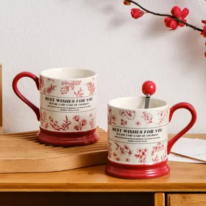 Vintage ceramic coffee mug set with red floral design, cute gift cup with spoon for couples.