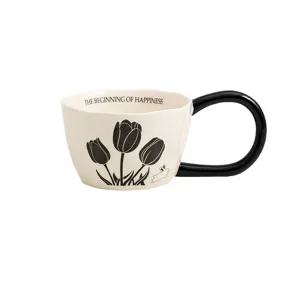 Minimalist ceramic coffee mug with tulip pattern and black handle for breakfast home use.