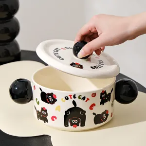 Cute ceramic double-ear bowl with lid and handles large capacity noodle bowl cat design