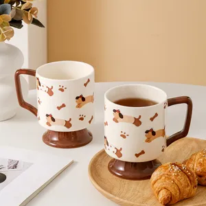 Ceramic high-foot coffee mug with cute puppy cartoon pattern for couple gift milk water cup