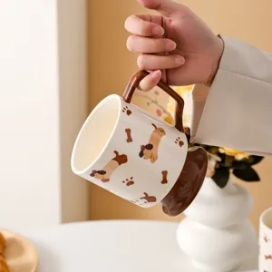 Creative ceramic coffee mug with cute cartoon dog pattern and high base design for milk.