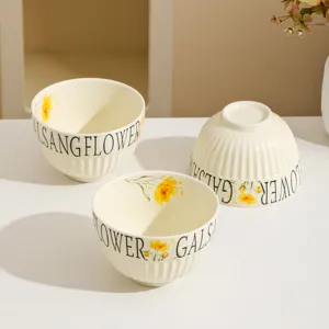 Ceramic rice bowl cream style dessert bowl soup bowl with floral design and ribbed texture detail