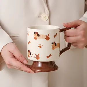 Detailed view of cute cartoon dog ceramic mug with brown high foot handle daily water coffee cup