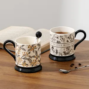 Vintage ceramic coffee mug with floral pattern, elegant desk water cup for office gift.