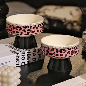 Pink leopard print ceramic pedestal bowl set, elegant coffee table decor snack fruit plate.
