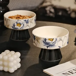 Exquisite ceramic high-foot bowl fruit plate floral snack dish table decor detail view