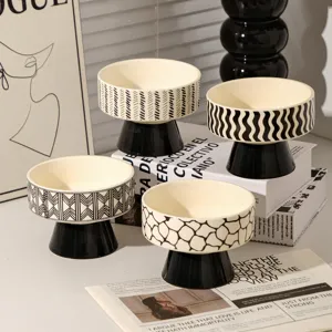 Ceramic high foot fruit bowl, modern black white pattern snack dish set for home table decor.