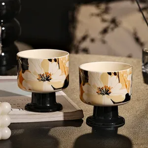 Keramik Hochstiel Kerzenbecher retro Blumen Kaffee Tasse ästhetische Dessertschale Heimdekoration