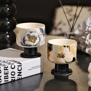 Keramische Hohe Stiel Kerze Tasse Blumenmuster Elegante Tisch Dessert Kaffee Tasse