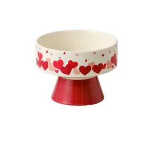 Ceramic high footed bowl with cute red heart pattern for fruit dessert and snack display main image