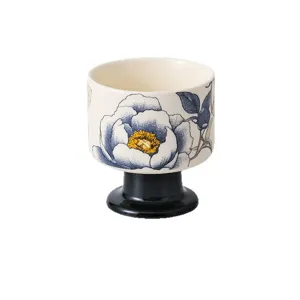 Keramik hoher Fuss Becher blaue Blumen Duftkerzenhalter Kaffeetasse Tasse Geschenk