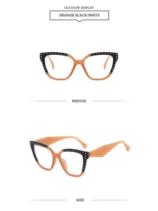 Gafas ópticas geométricas de montura grande con remaches metálicos y diseño bicolor moderno
