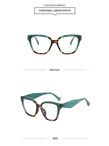Gafas de sol estilo ojo de gato con tachuelas, carey verde, montura retro elegante.