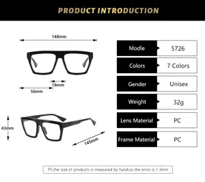 Klassische übergroße polygonale Blaulicht-Brille mit PC-Rahmen und genauen Maßangaben.