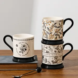 Vintage ceramic coffee mug with floral pattern and English text, elegant office water cup gift.