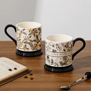 Retro ceramic coffee mug detail, vintage floral pattern and elegant design for office use.