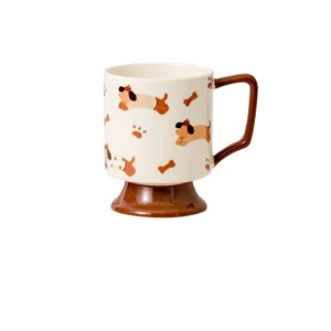 Creative ceramic high-footed coffee mug with cute cartoon dog pattern for water drinking