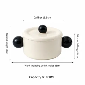 Ceramic double-ear soup bowl size chart showing diameter 15.5cm and capacity 1000ml details