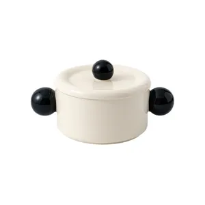 Ceramic soup bowl with lid and black sphere handles modern minimalist style tableware