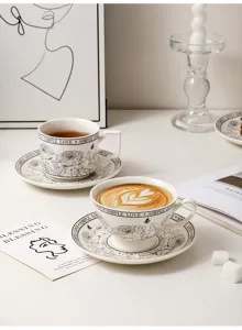 Set de taza y plato de café de cerámica vintage francesa patrón de rosa té regalo elegante