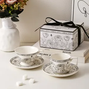 Set de taza de café y platillo vintage francés con caja de regalo, elegante taza de porcelana.