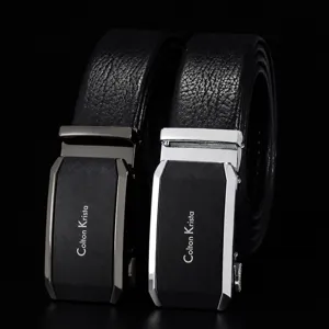 Men's genuine leather dress belt with automatic metal buckle for business casual wear.