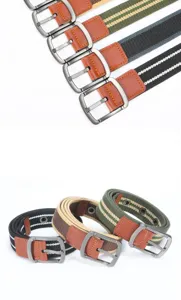 Gros-plan de la ceinture en toile pour homme avec motif rayé, boucle en métal et bouts en cuir.