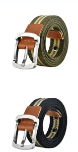 Ceinture en toile classique pour hommes avec boucle ardillon métal et sangle rayée élégante.