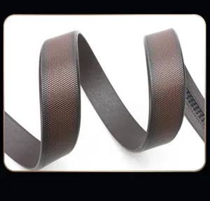 Men's brown automatic buckle leather belt detail view, stylish grid texture trousers belt.