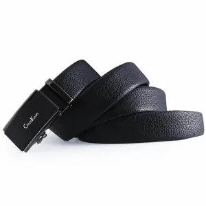 Men's formal business automatic buckle leather belt with classic litchi pattern design.