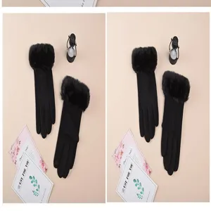 Gants femme hiver chaud ecran tactile fourreaux coupe-vent poignet peluche noir