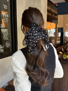 Coletero para el pelo de lunares con cintas largas y lazo para mujer, elegante soporte de coleta.