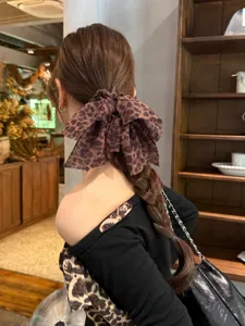 Coletero retro con estampado de leopardo y cinta larga, elegante lazo de gasa para mujeres.