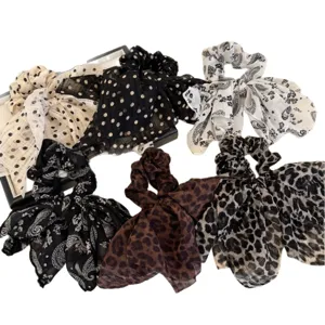 Coleteros de gasa vintage para el cabello con lazos largos, lunares y estampado de leopardo.