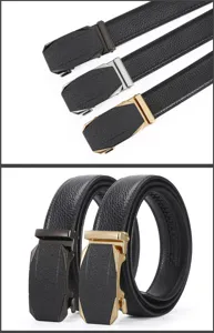 Gros plan détail de ceinture en cuir pour homme à boucle automatique et finition métal.