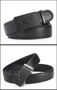Men's automatic buckle leather belt with stylish letter design for casual business wear.